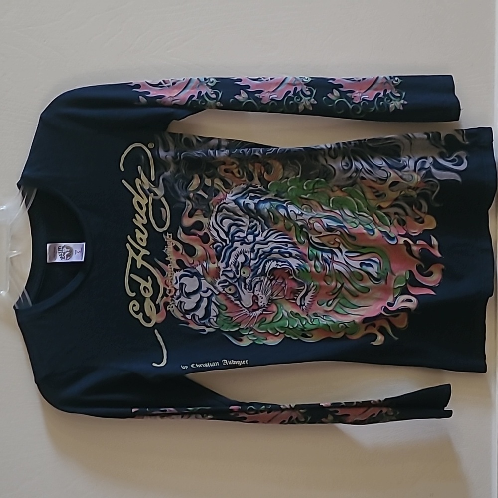 Ed Hardy Black Long Sleeve Tee with Multicolor Tiger Design